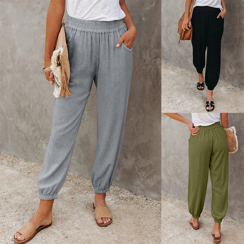 Women's casual linen pants with elastic waistband and drawstring Ivyshape