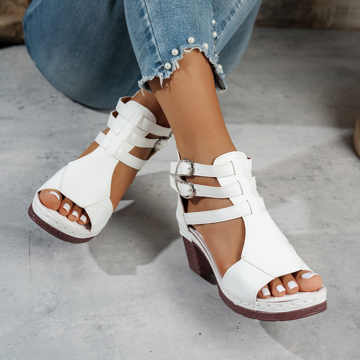 Women Open Shoes with Adjustable Straps and Block Heel Ivyshape