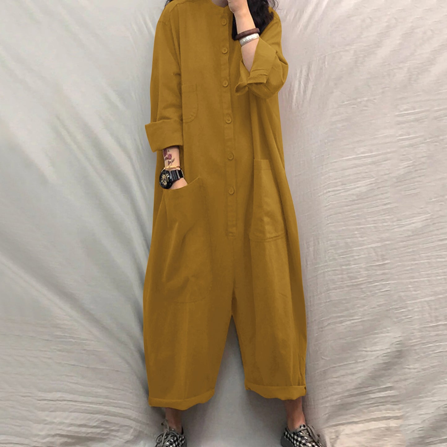 Women's Casual Jumpsuit with Oversized Pockets and Button Closure Ivyshape