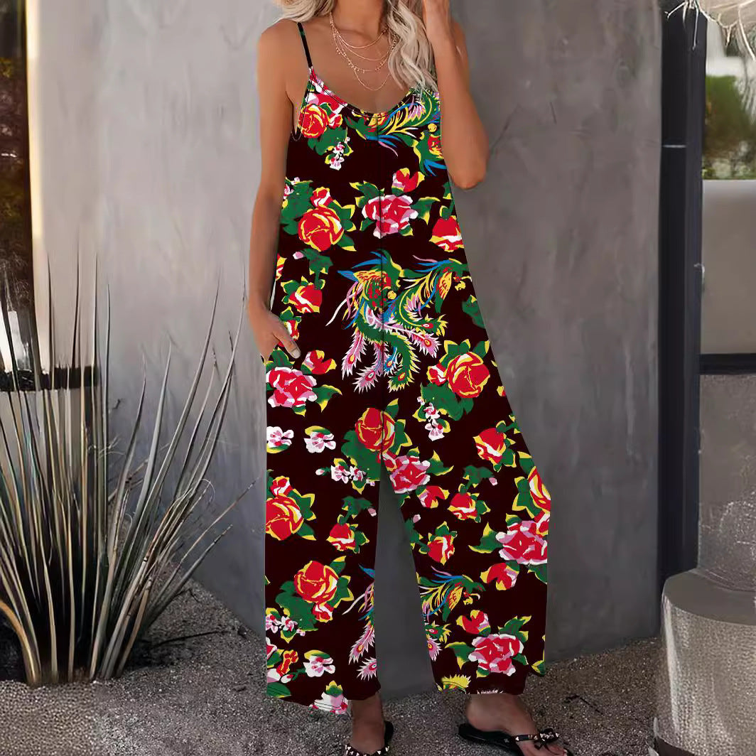 IvyShape | Printed Insert Pocket Loose Casual Strap Jumpsuit