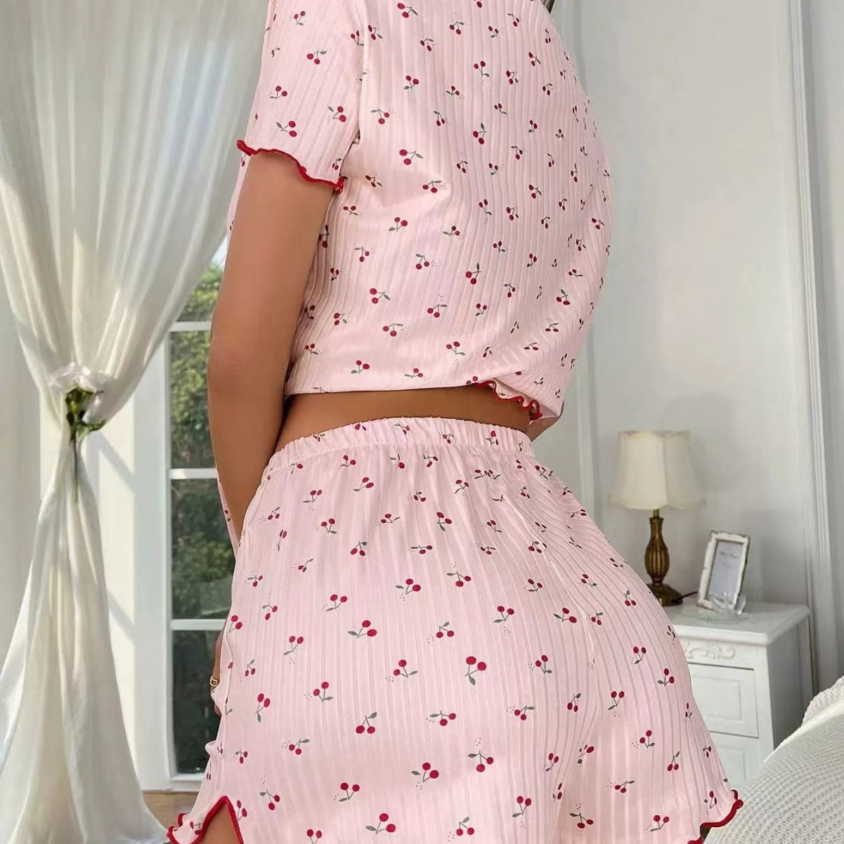 Women's Charming Short Sleeve Pajama Set with Cherry Pattern Ivyshape