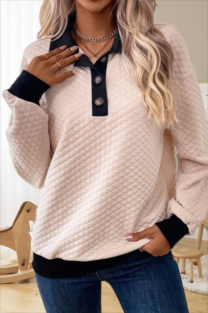 Women's quilted pullover with collar and button placket Ivyshape