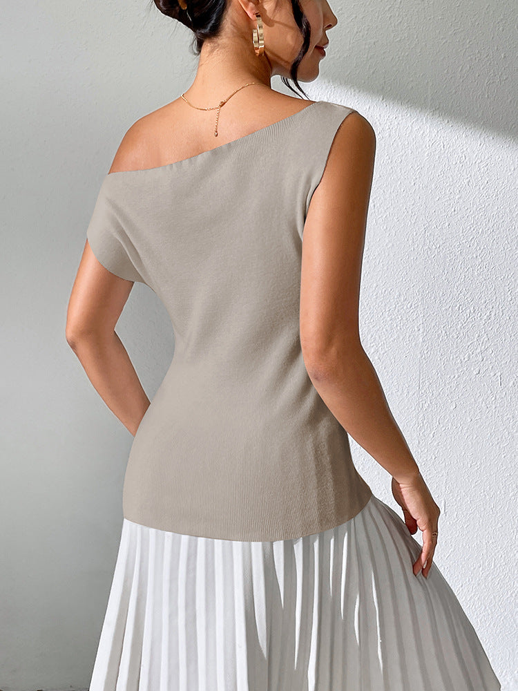 IvyShape | Solid color sleeveless top with off-the-shoulder knit design