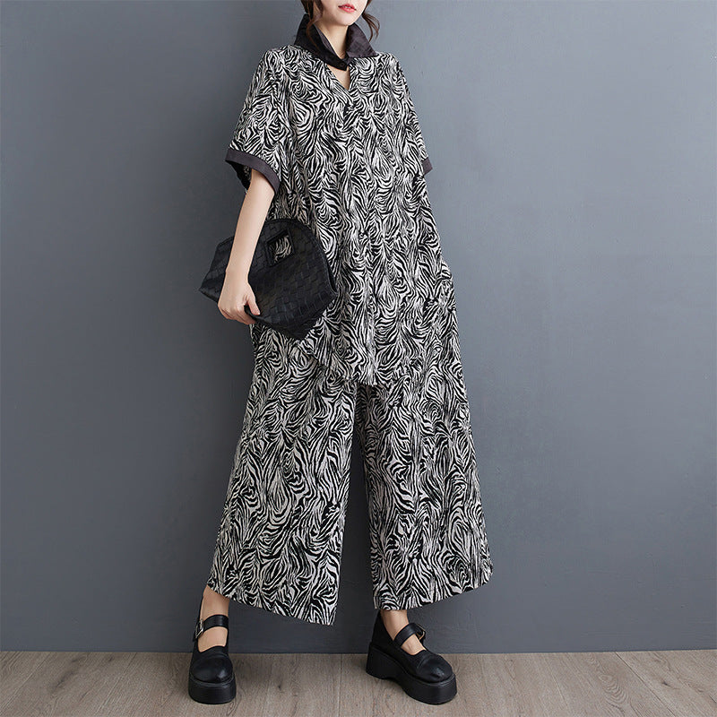 IvyShape | Floral Shirt Elastic Waist Wide Leg Two-Piece Set