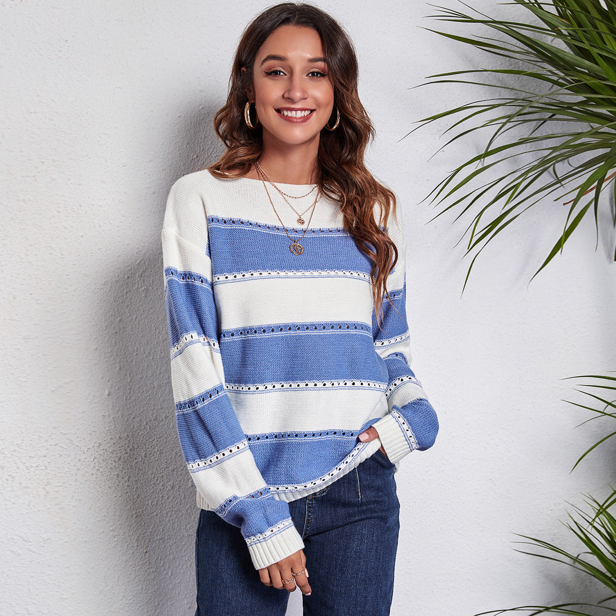 Women's casual sweater with modern lace pattern and stripe design Ivyshape