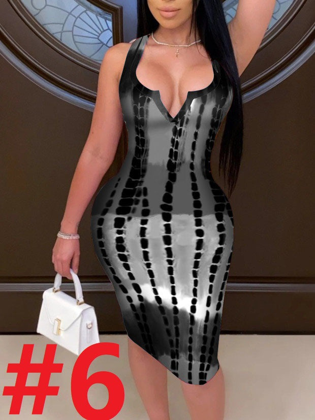 Women's Fitted Midi Dress with Deep V-Neck and Modern Graphic Print Ivyshape