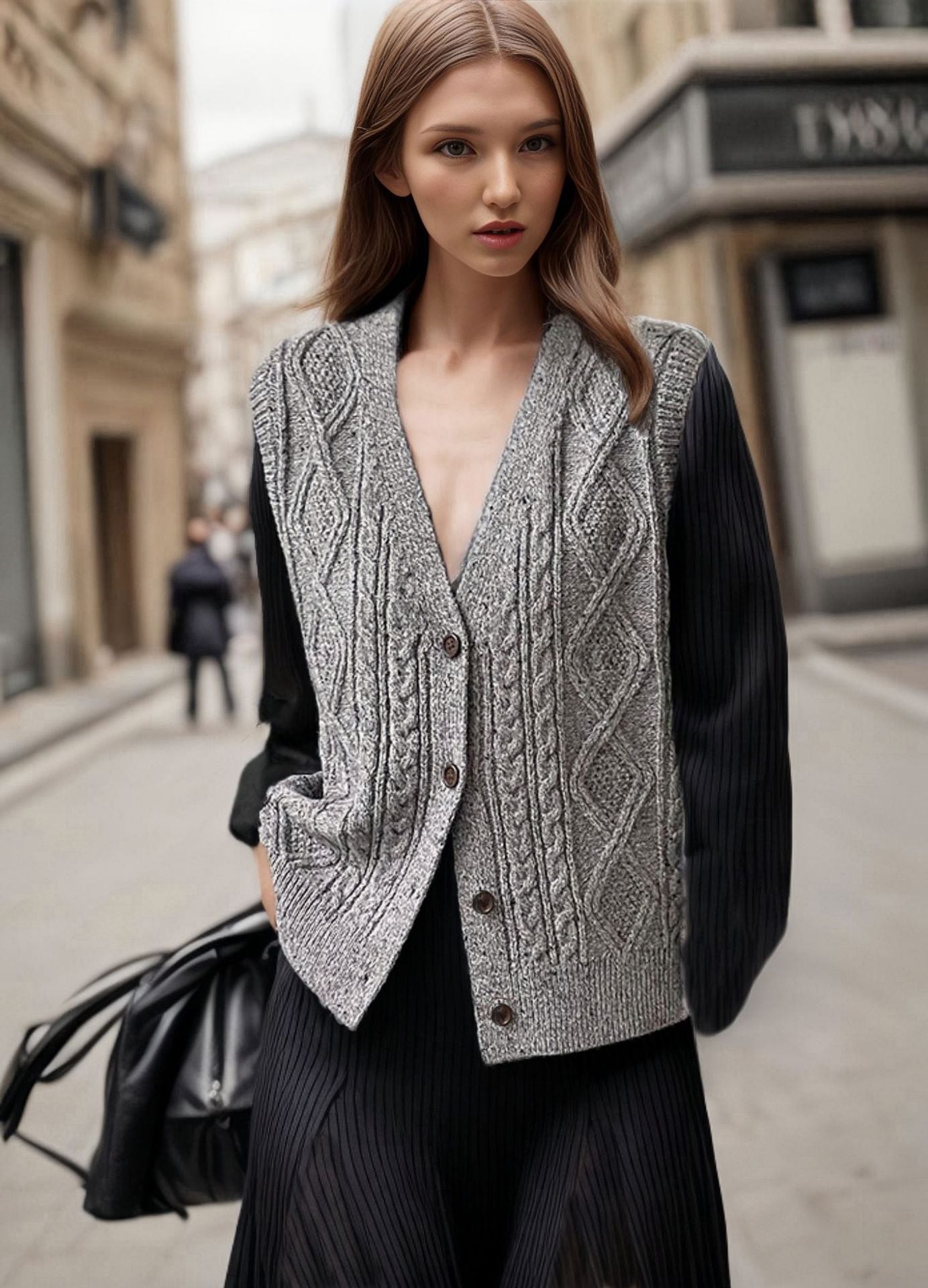 Women's knitted vest with intricate cable pattern and button details Ivyshape