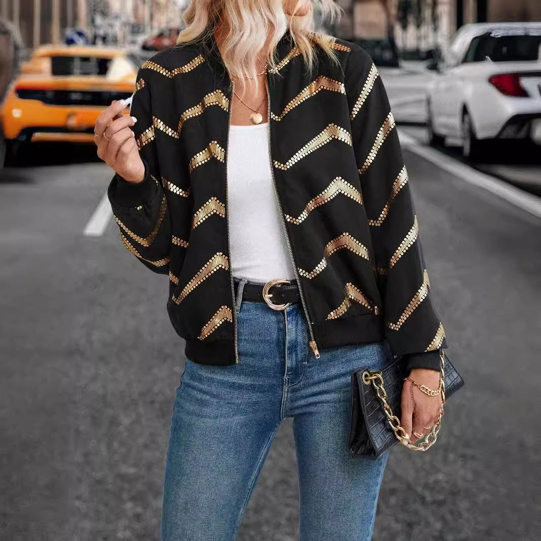 Ladies Stylish Bomber Jacket with Glittering Zigzag Pattern Ivyshape