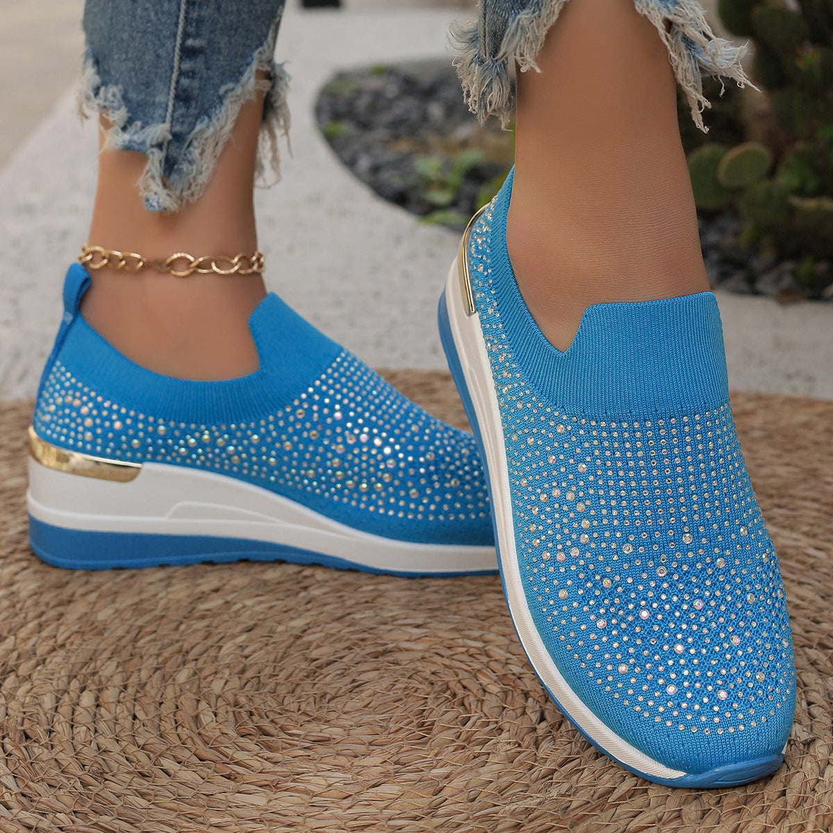 Women Elegant Slip-On Sneakers with rhinestone-embellished details and non-slip sole Ivyshape