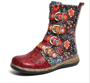 Ladies' boots with colorful floral pattern and decorative buckles Ivyshape