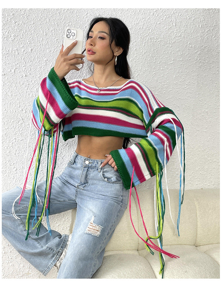 IvyShape | Rainbow striped fringed crop pullover