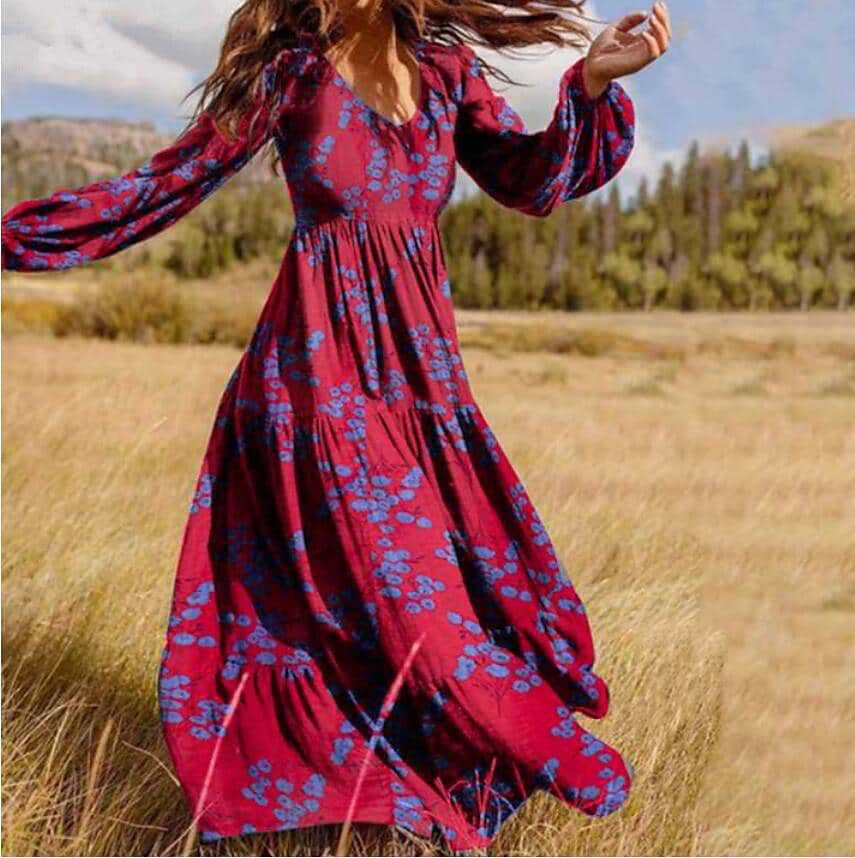 Women’s Boho Long Sleeve Dress with Floral Accents and Flared Hem Ivyshape