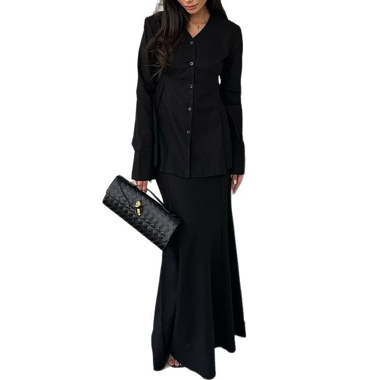 Women Elegant Two-Piece Suit Set with Swing Top and Floor-Length Skirt Ivyshape