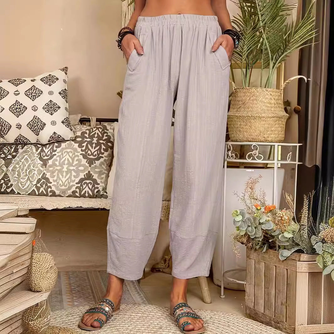 Women casual chino pants with elastic waistband and practical side pockets Ivyshape