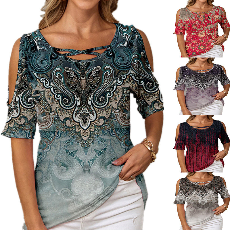 IvyShape | Ethnic Print Off-Shoulder Short-Sleeve T-Shirt