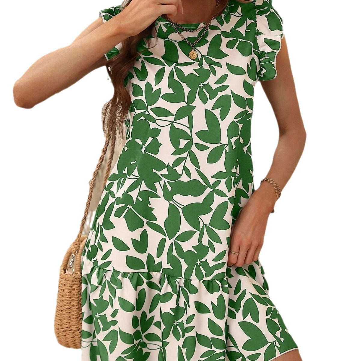 Ivyshape | Round Neck Dress with Printed Ruffles