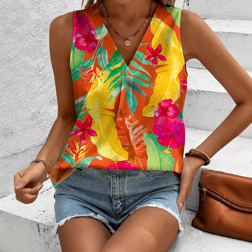 Women Viscose Top with Tropical Flower Pattern and V-Neck Ivyshape