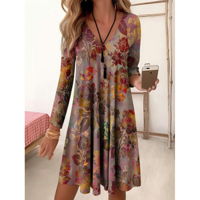 Women's V-neck casual dress with floral design and side pockets Ivyshape
