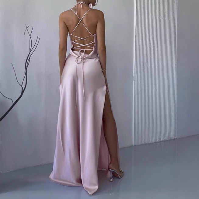 Ladies Elegant Bodkon Cotton Maxi Dress with Slim Spaghetti Straps and Deep Neckline Ivyshape