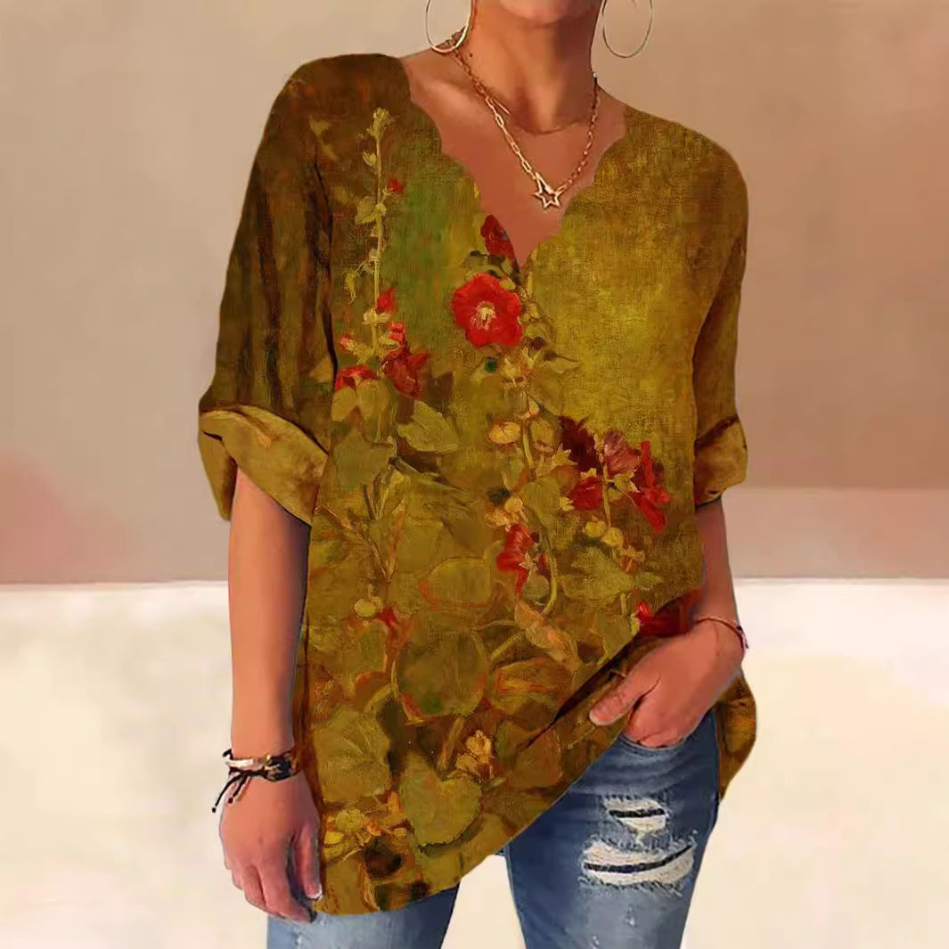 Women blouse shirt with floral design and loose fit Ivyshape