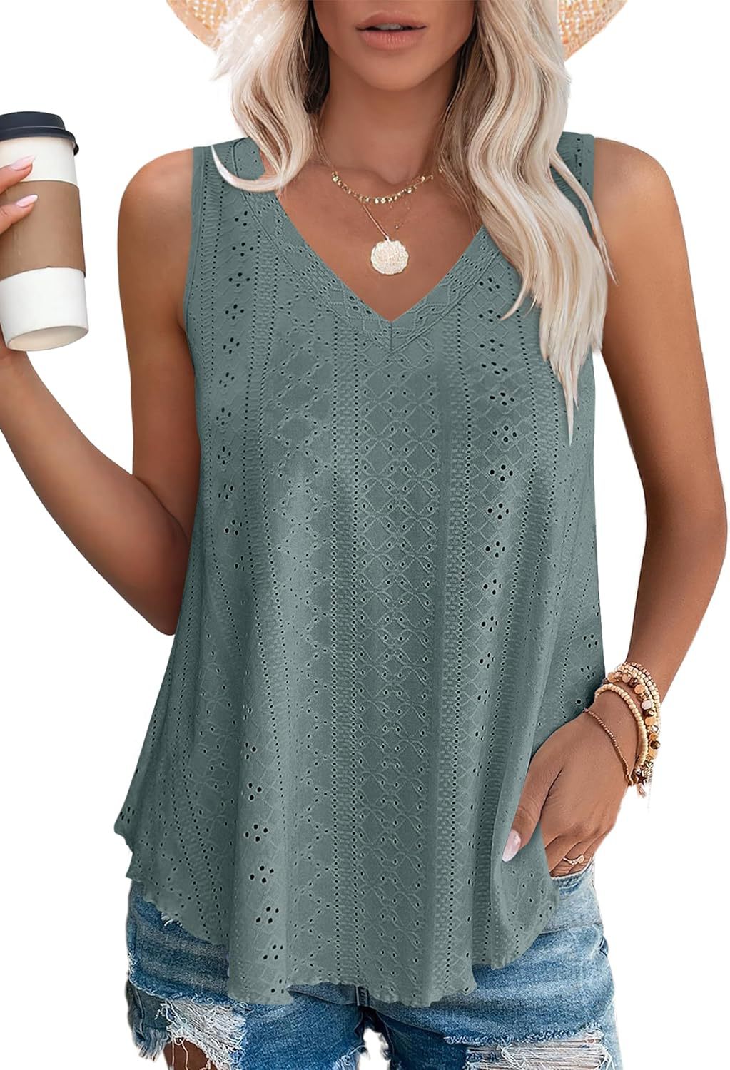 Women Eyelet Design Sleeveless Top Ivyshape