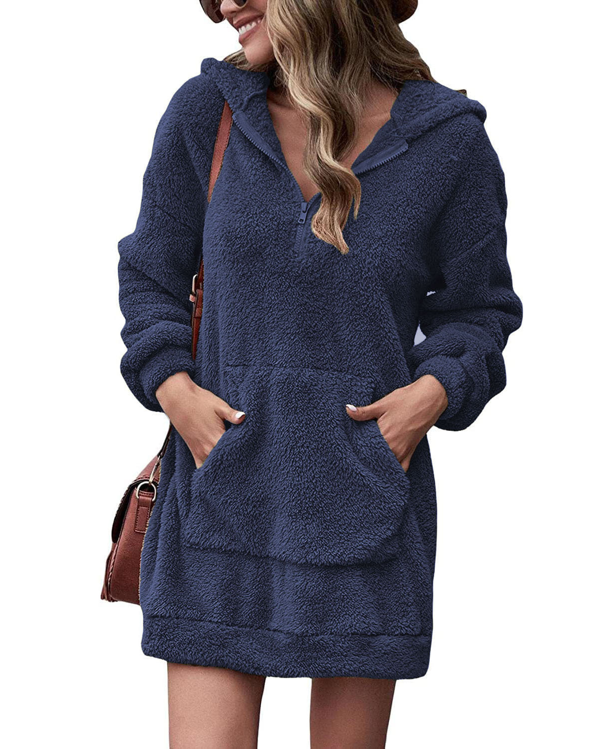 Women's fleece hooded dress with pockets and zipper Ivyshape