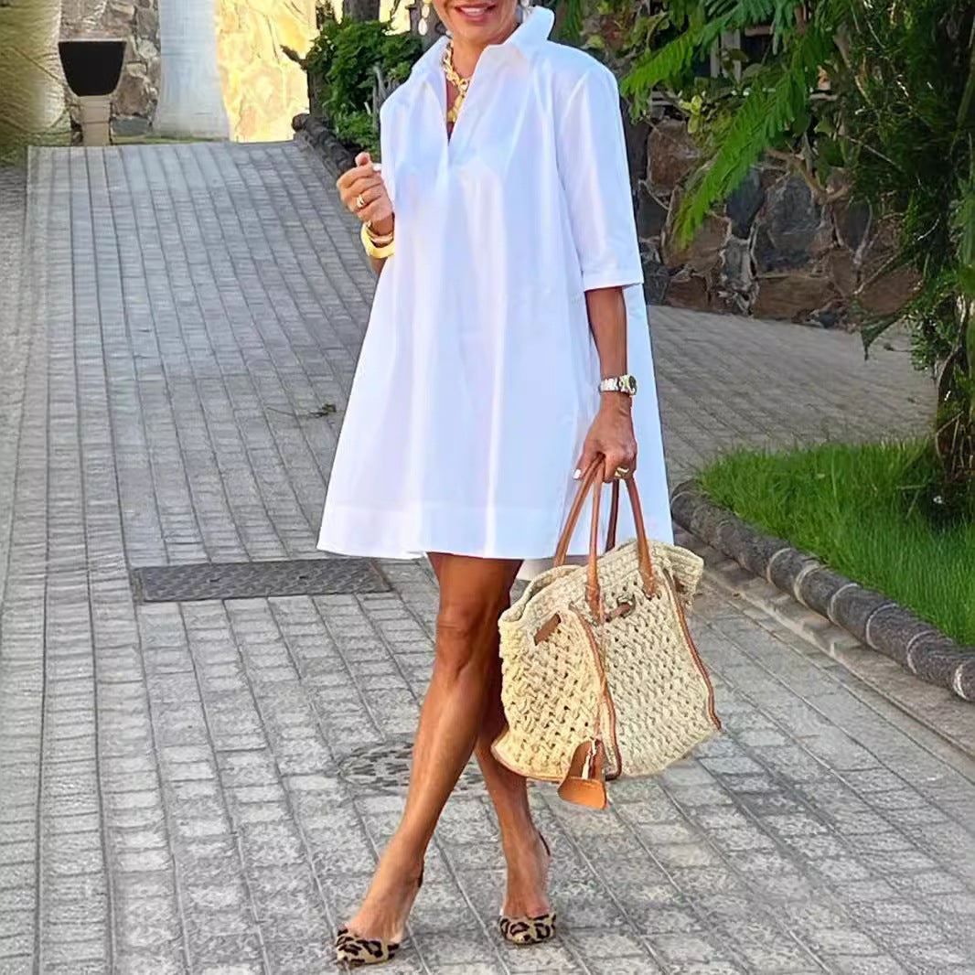 IvyShape | Urban Daily Loose White Short Sleeve A-Line Shirt Dress