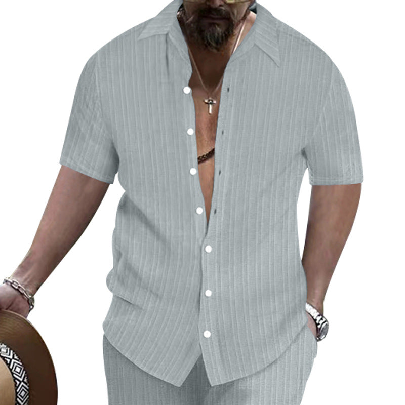 Men's short-sleeve shirt with fine stripes and modern collar Ivyshape