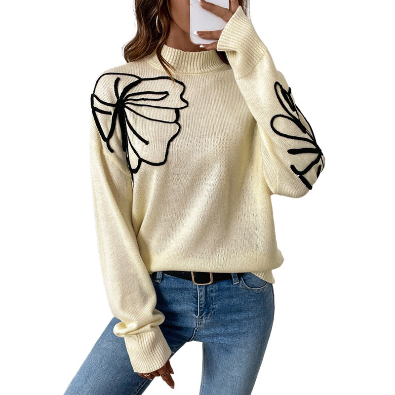 Ladies knitted sweater with floral design and high collar Ivyshape