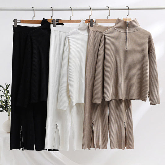 IvyShape | Stand Collar Loose Knit Sweater and Split Pantsuit Set