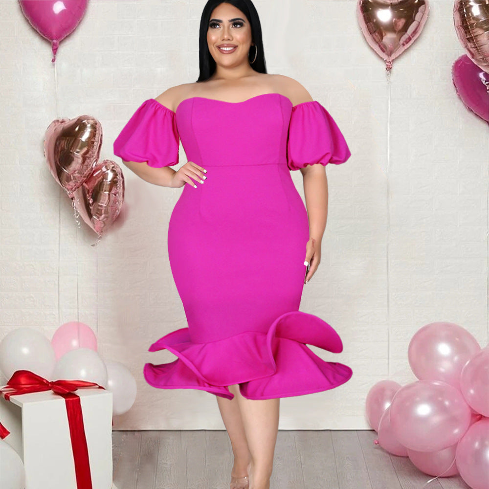 Women Figure-hugging Dress with Off-shoulder Puffed Sleeves and Voluminous Hem Ivyshape