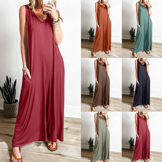 Women Elegant, Wide Jumpsuit with Deep V-Neck and Practical Pockets Ivyshape