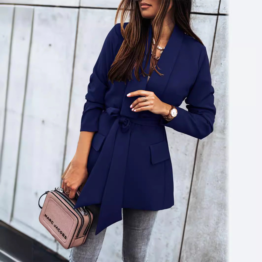 Women Fashion Blazer Jacket with Practical Belt and Deep Pockets Ivyshape