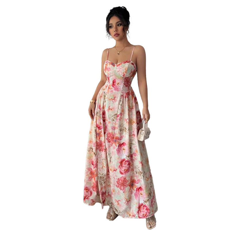 Women's Floral Maxi Dress with Flared Skirt and Thin Straps Ivyshape