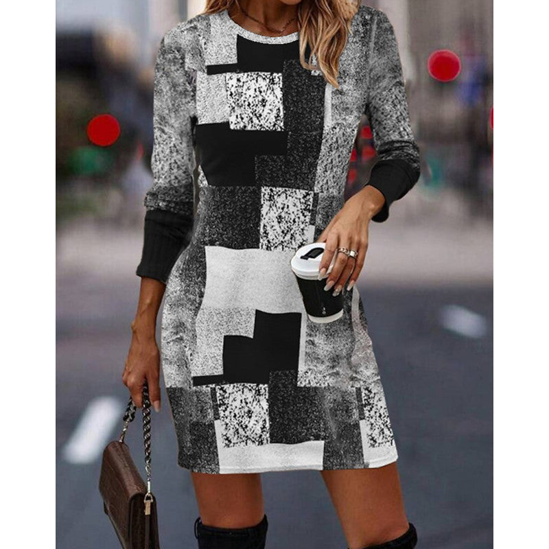 Women's knit dress with modern geometric pattern and long sleeves Ivyshape