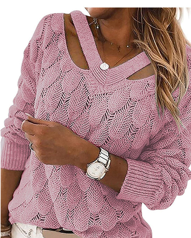 Women's casual knit sweater with V-neck and unique cut-out design Ivyshape