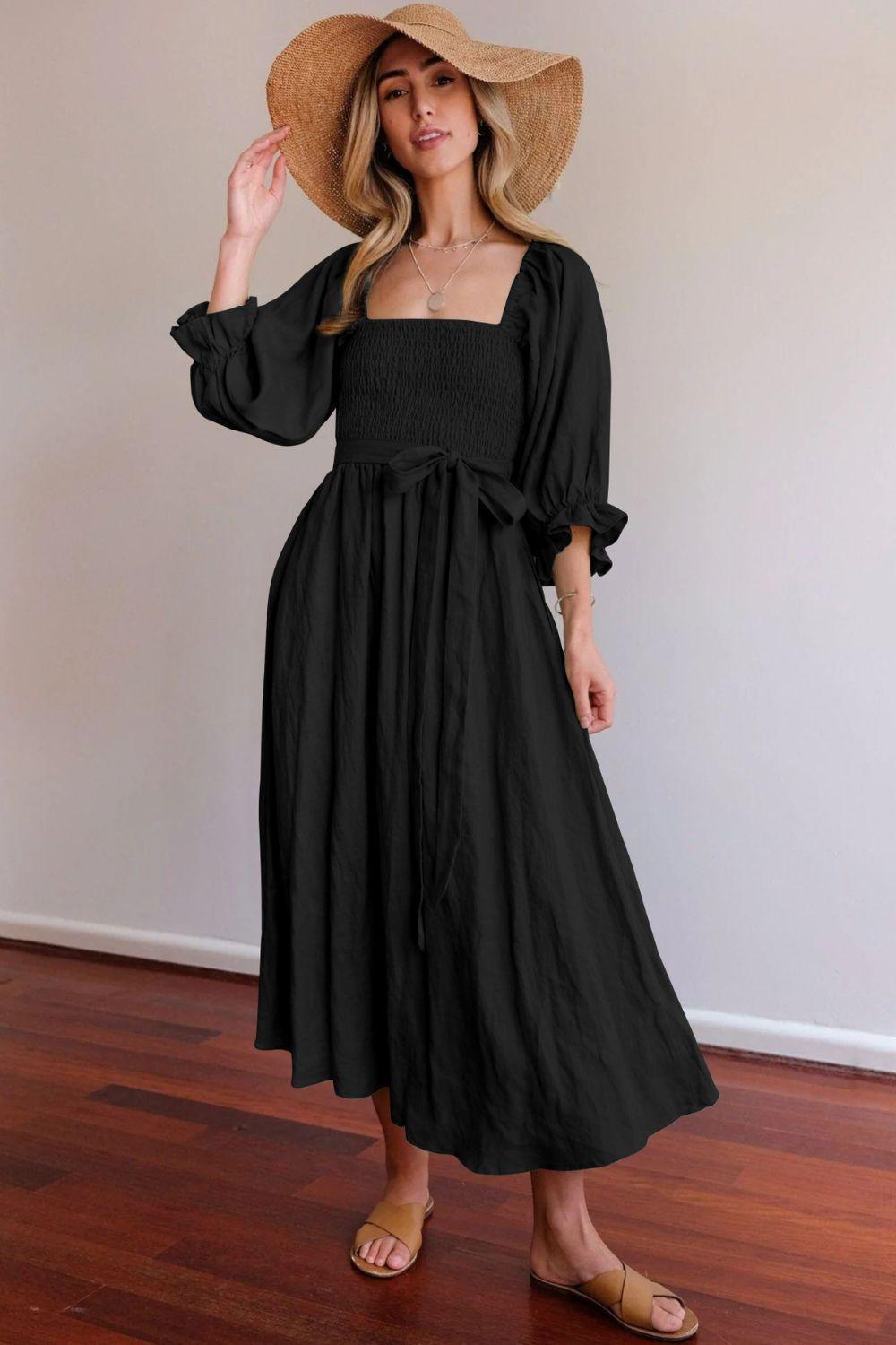 Women elegant, tailored maxi dress with puff sleeves and tie belt Ivyshape