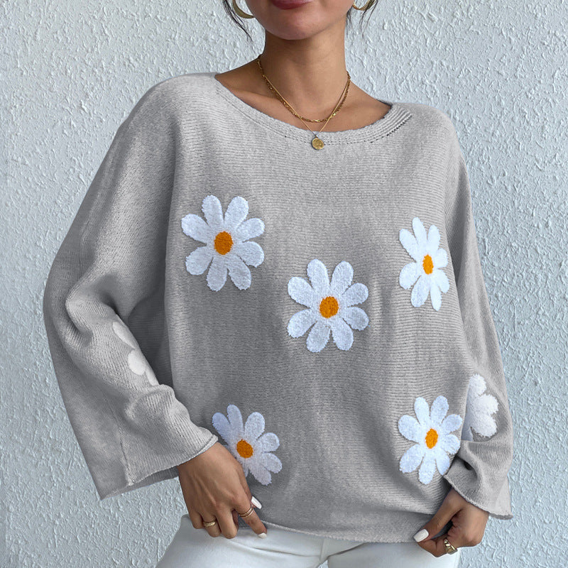 IvyShape | Floral Embroidery One-Shoulder Pullover Sweater