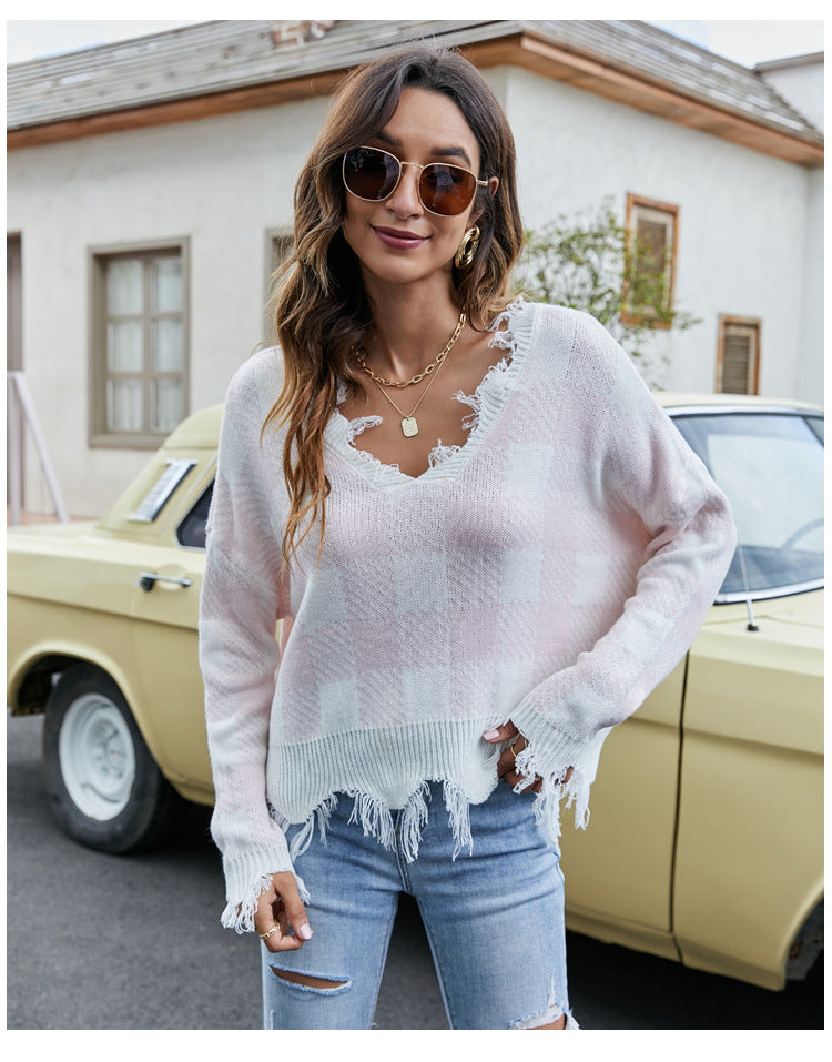 IvyShape | V-neck fringe sweater