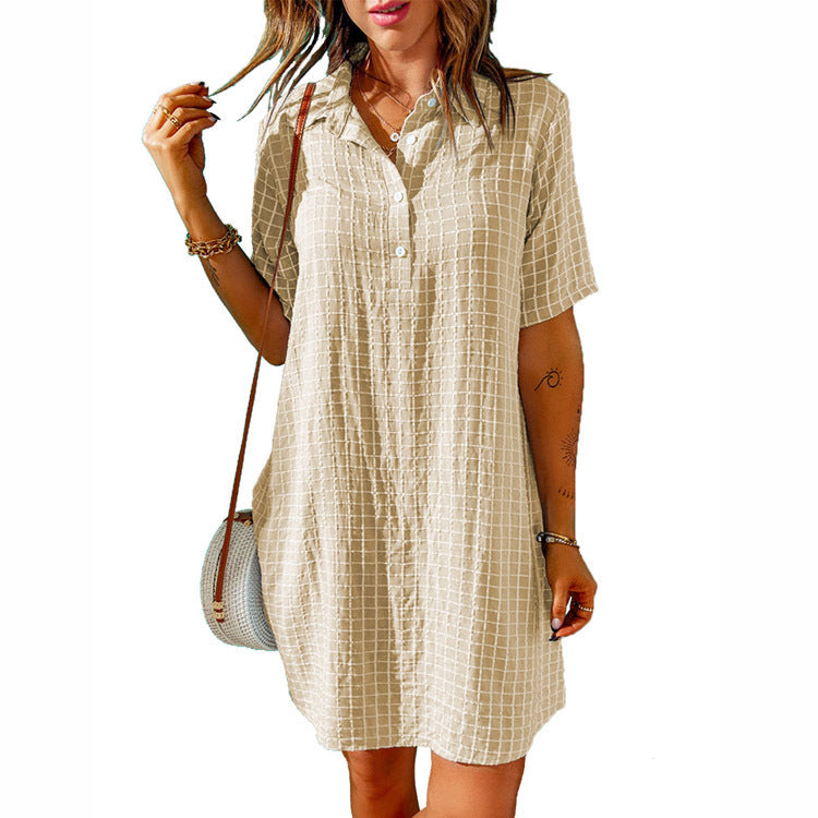 IvyShape | Plaid Collar Button Short Sleeve Dress