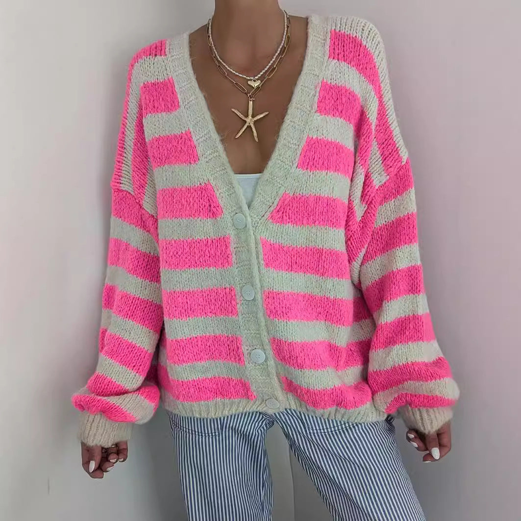 Women Oversized Cardigan with modern striped pattern and casual cut Ivyshape