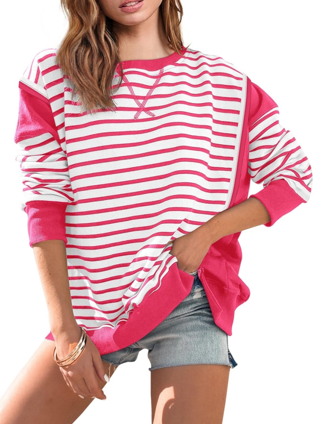 IvyShape | Striped Contrast Neck Sweatshirt Long Sleeve T-Shirt