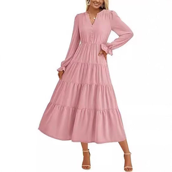 Women's maxi dress with button-decorated front and voluminous sleeves Ivyshape