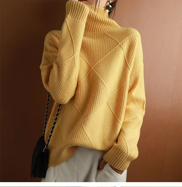 Women's high-quality knitted sweater with standing collar and extravagant diamond pattern Ivyshape