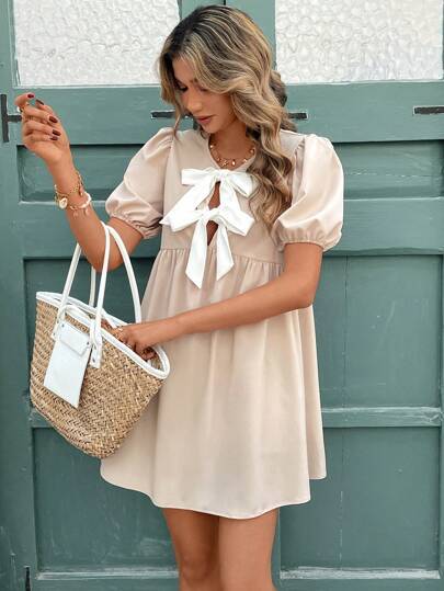 Ladies Summer Formal Dress with Bow Neckline and Puff Sleeves Ivyshape