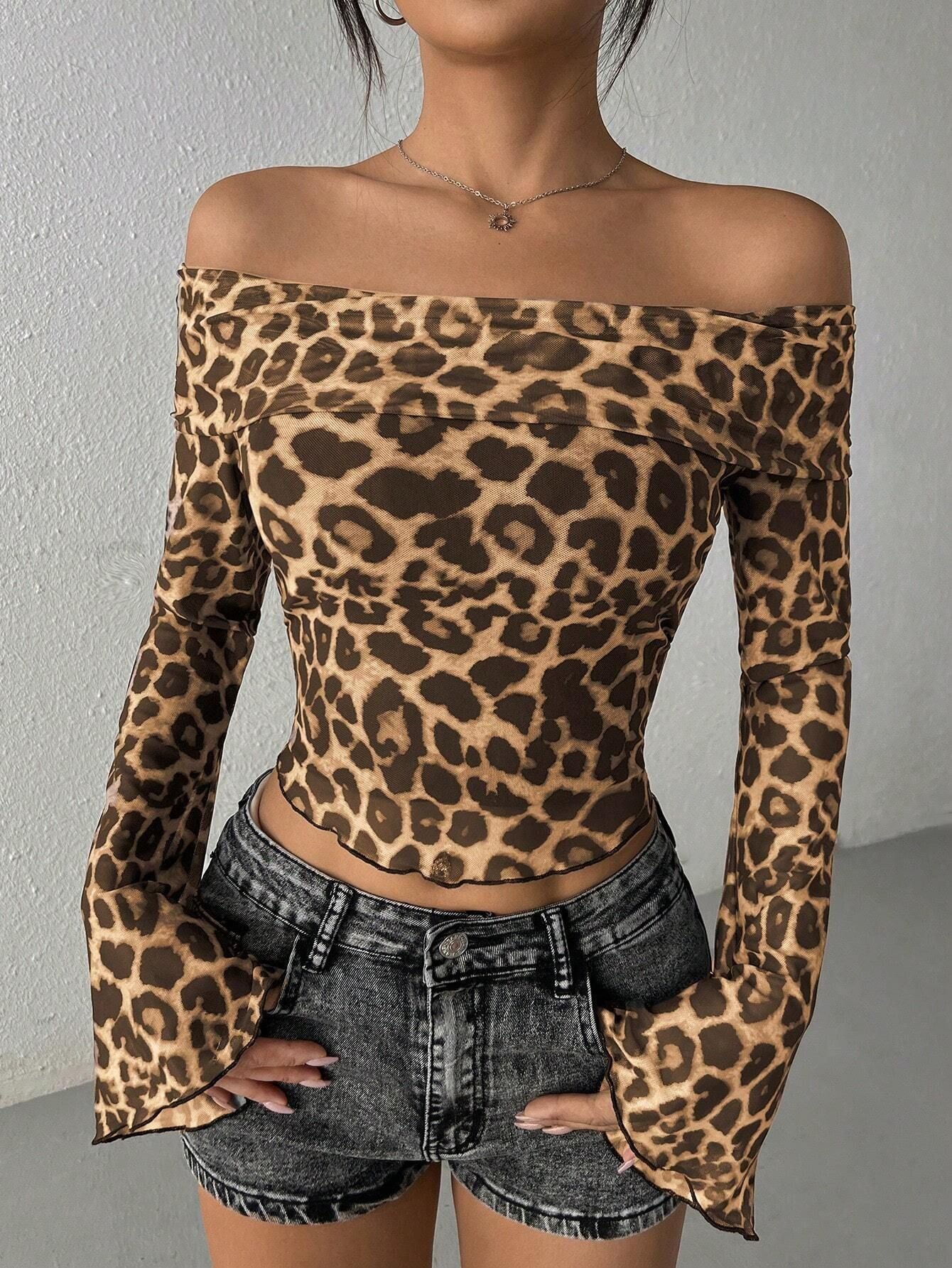 IvyShape | One-Shoulder Long Sleeve Leopard Print Mesh T-Shirt