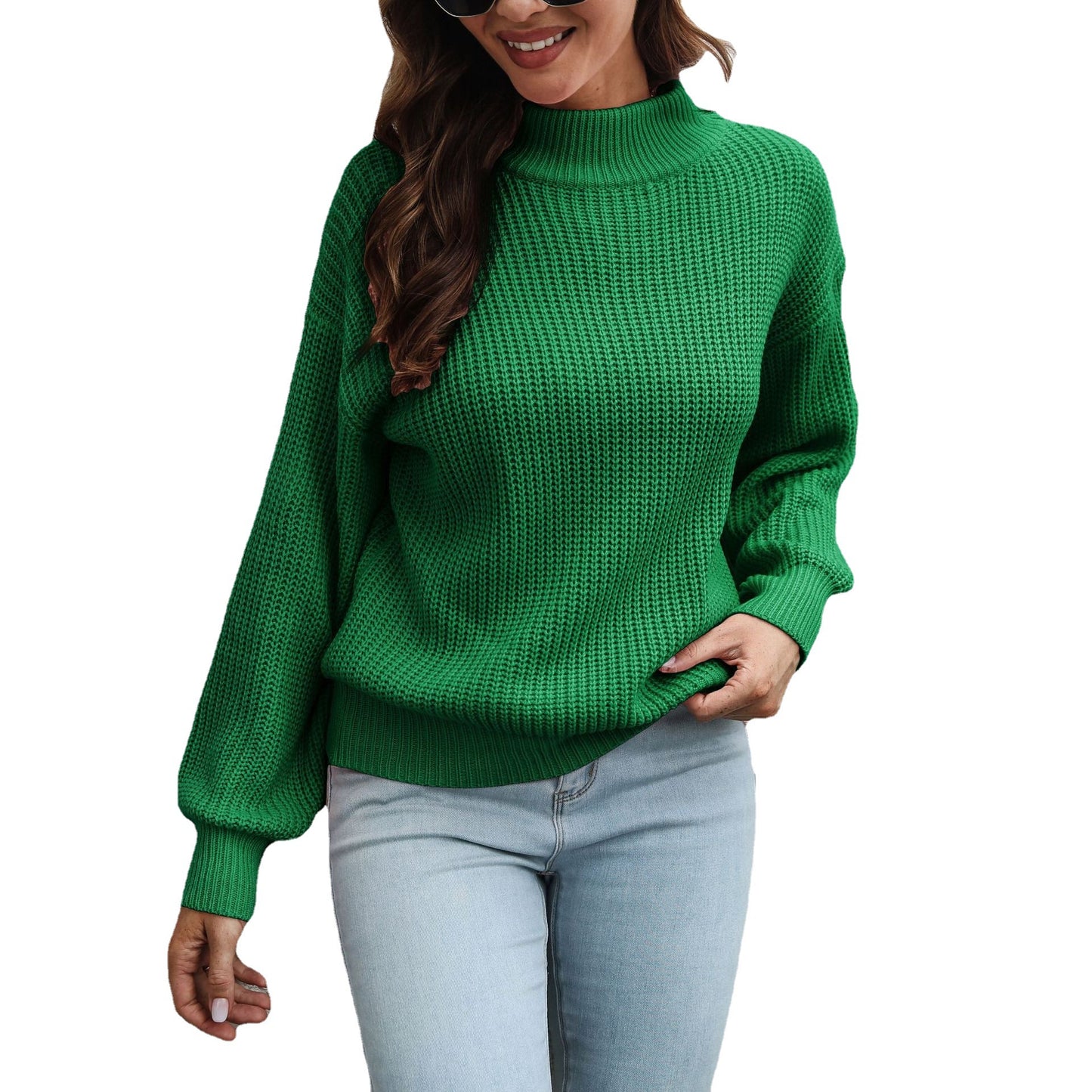 Women’s chunky knit sweater with high collar and cap sleeves Ivyshape