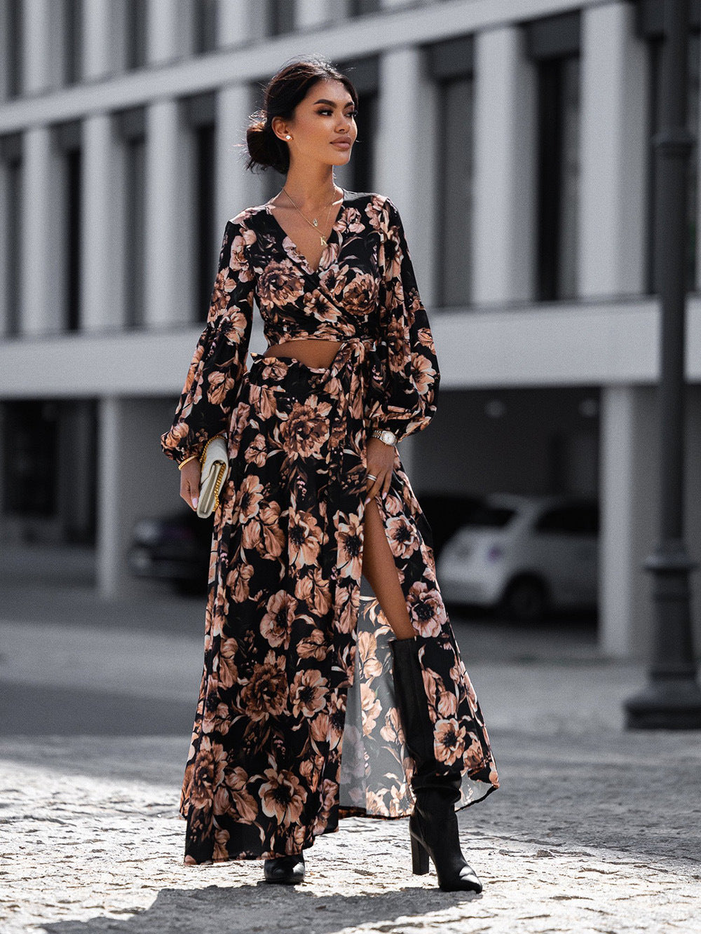 IvyShape | Floral Print Leopard Split Long Sleeve Dress Set