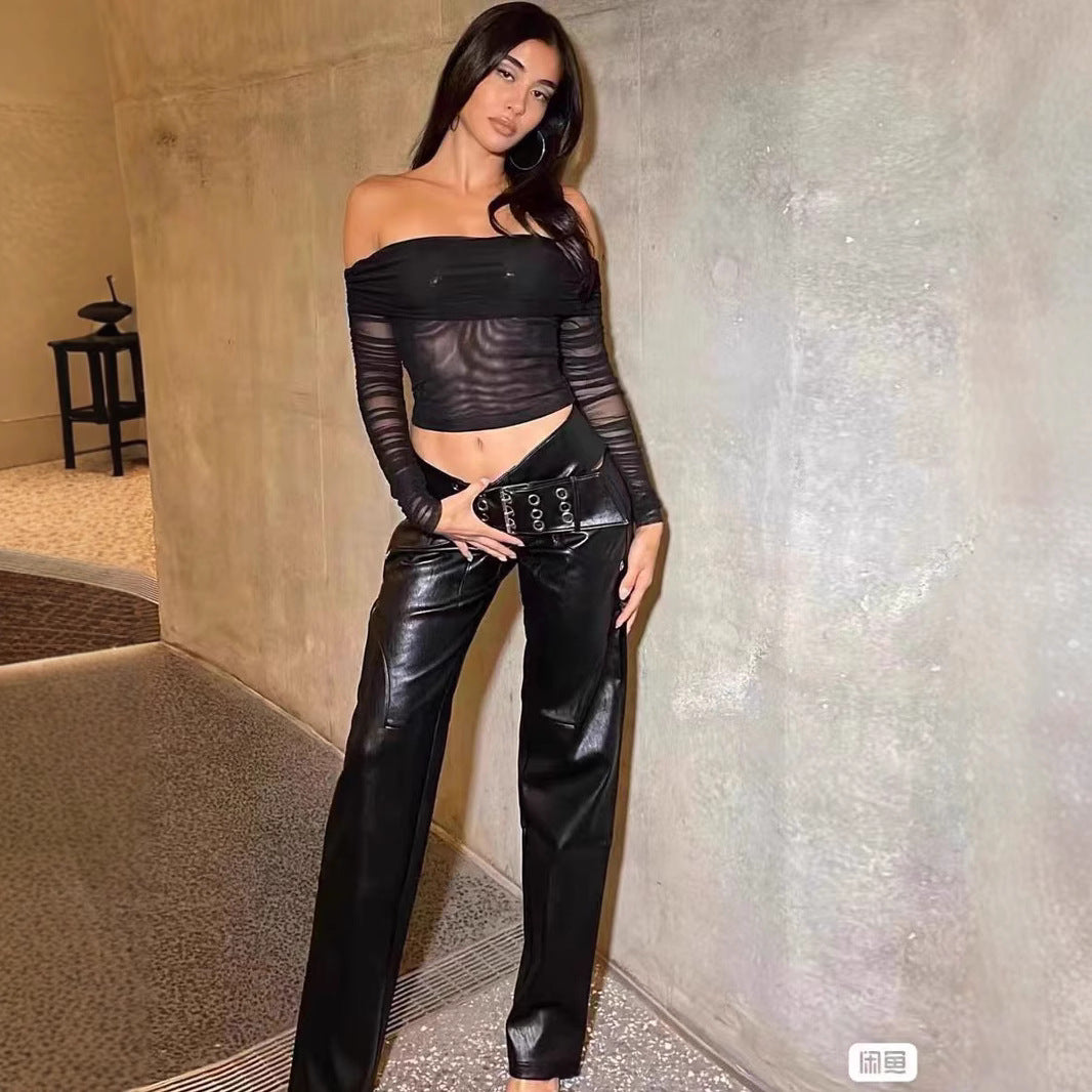 High-waisted utility pants made of faux leather for women Ivyshape