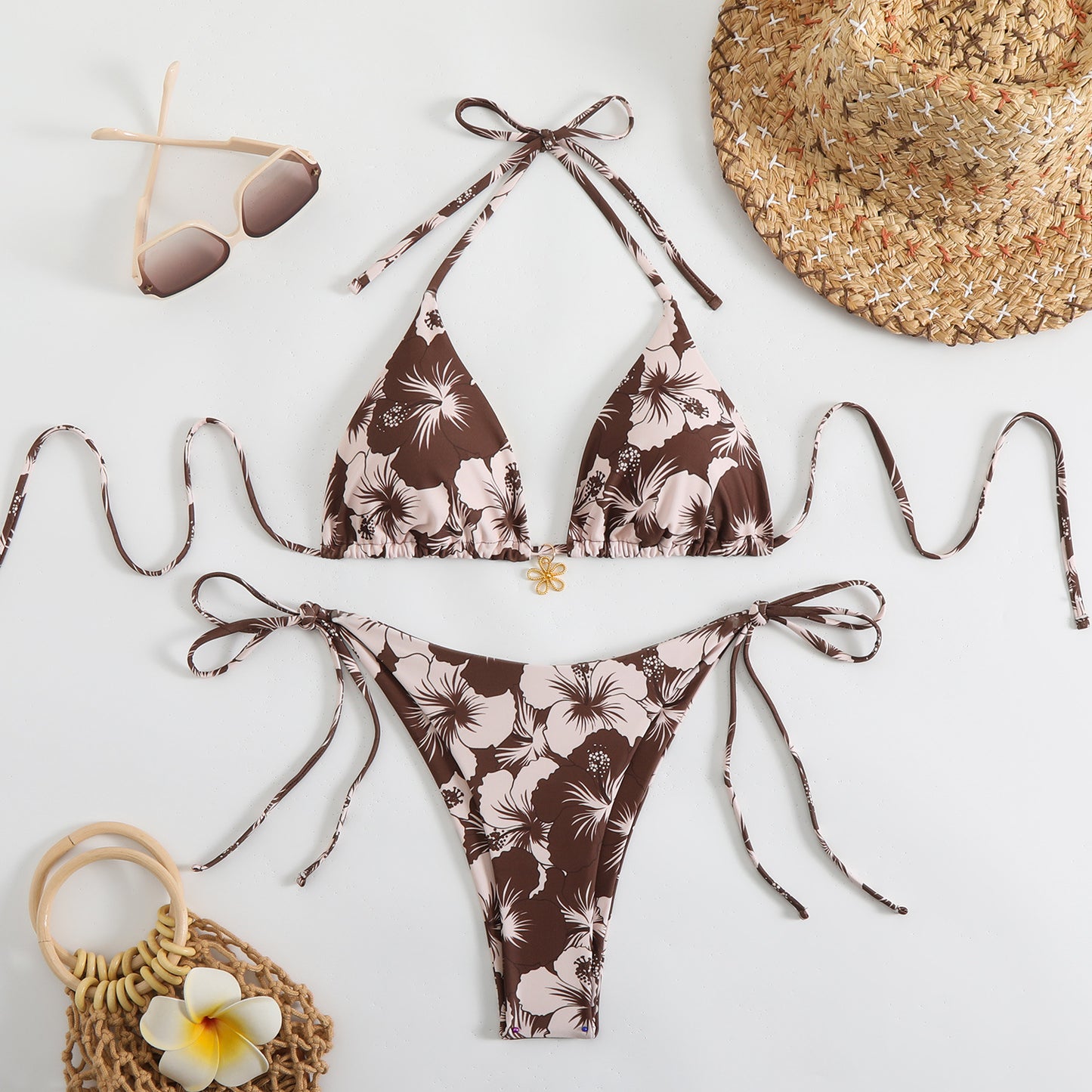 Women's triangle bikini with playful floral design and adjustable straps Ivyshape